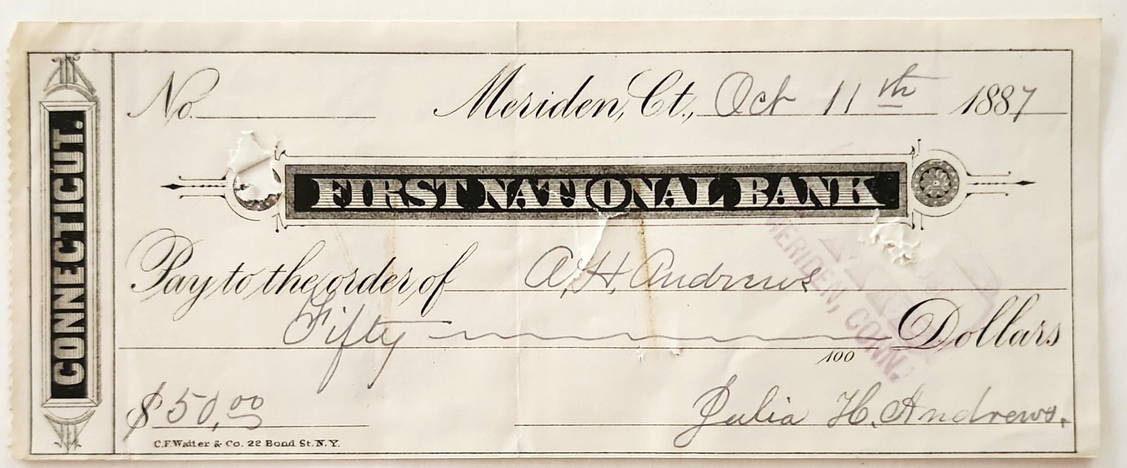 1887 Meriden CT First National Bank Check Connecticut Panel Financial Ephemera