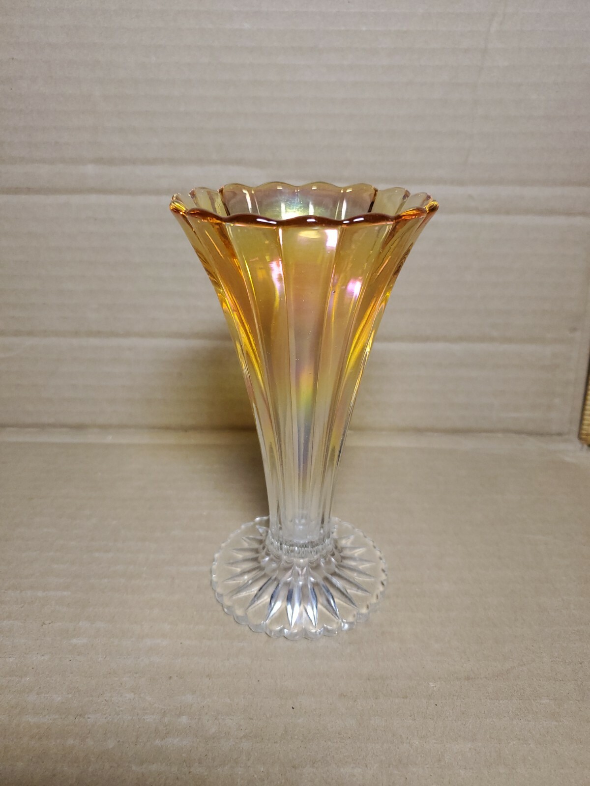 Vintage Imperial Glass Pillar & Flute Vase Marigold Carnival Glass Vase #682