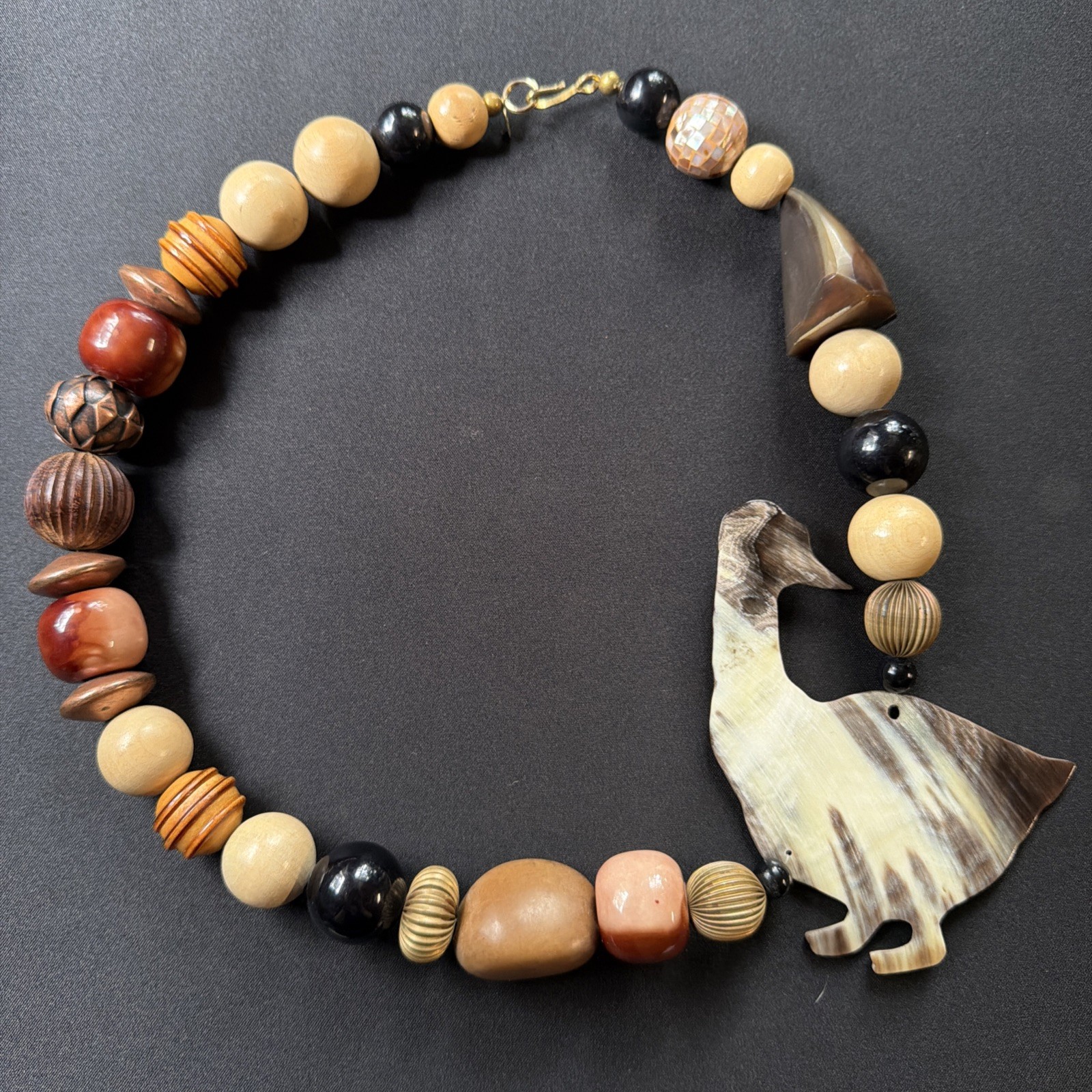 Huge Duck Necklace Mixed Bead Farm Statement Piece Wood Stone Metal 5x4\ Huge Duck Necklace Mixed Bead Farm Statement Piece Wood Stone Metal 5x4\