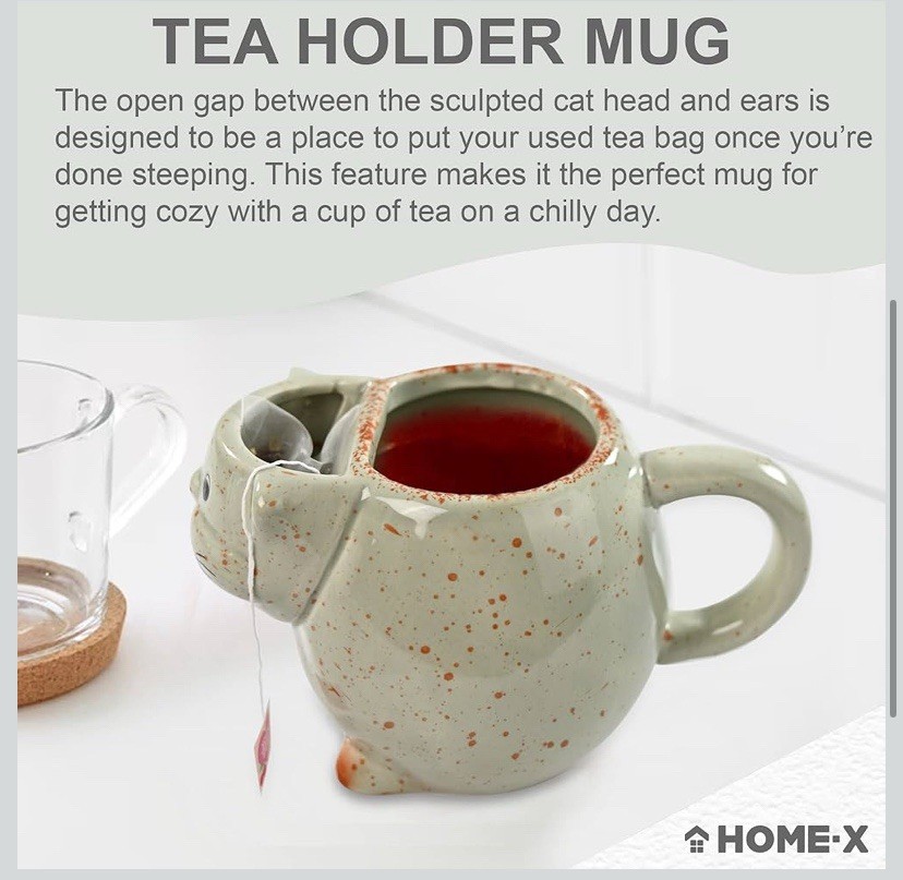 Home-X Cat Tea Cup Ceramic Cat Mug Coffee Mug 16oz Weathered Green 6”x4”x3”