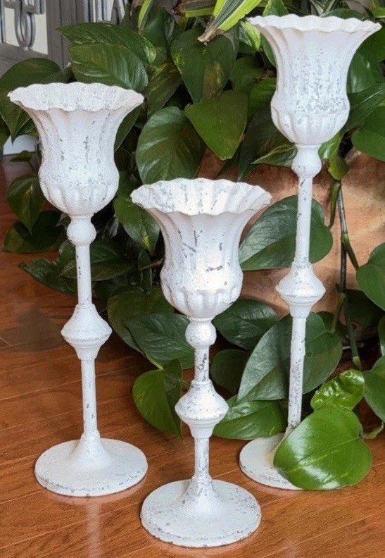 Farm House Cottage Candle / Pot Holders White Fluted Distressed Metal Set Of 3