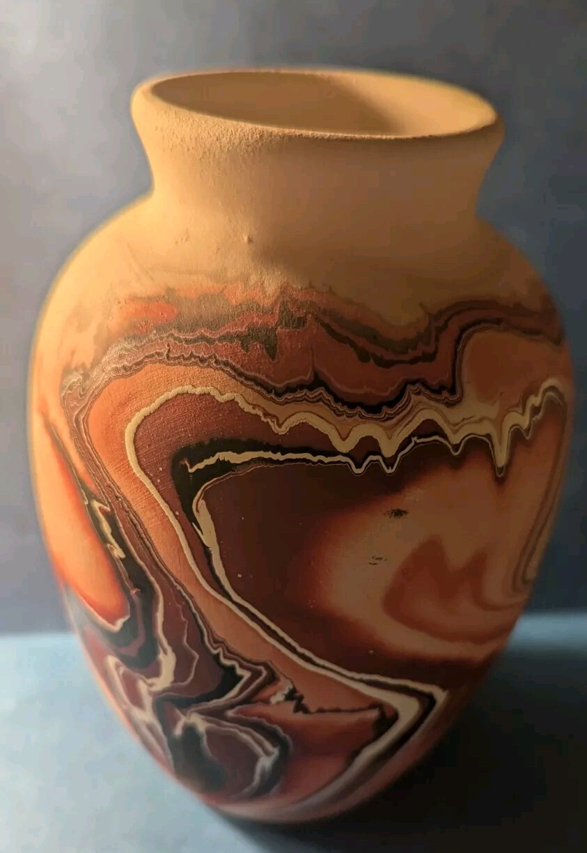 Nemadji Pottery Vase Orange, Red & Brown Swirl Unique Handmade USA  7
