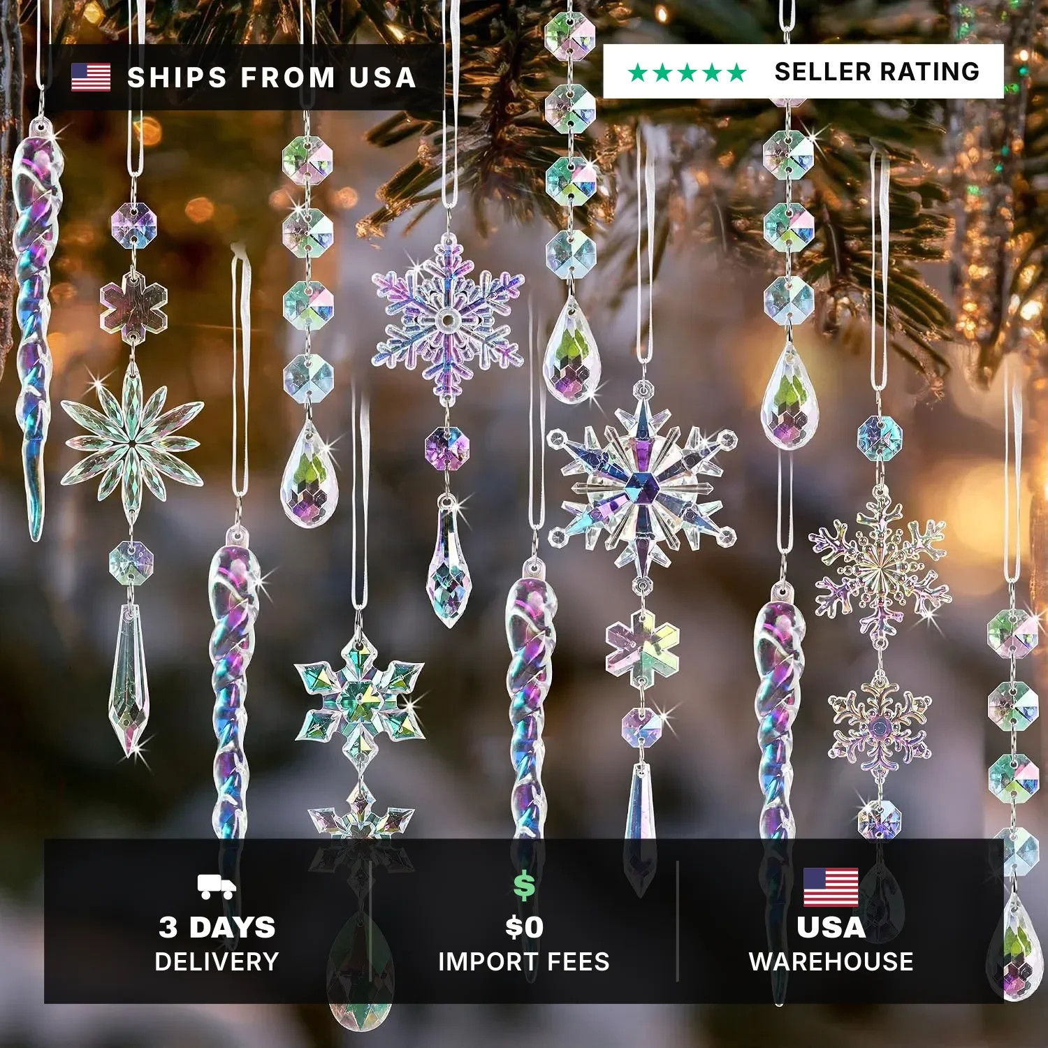 Crystal Christmas Tree Ornaments, 18pcs Iridescent Acrylic Snowflake Icicle