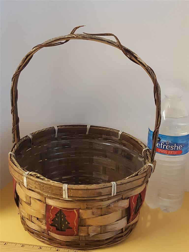 RARE Woven Basket Handle Liner Christmas Tree Carved Design Bells Birch Bark OLD