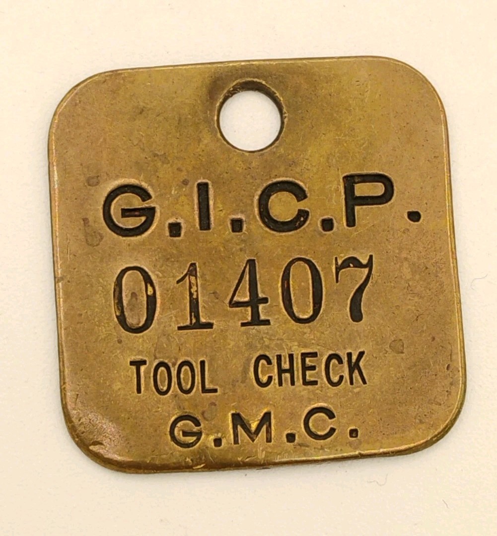 Vintage General Motors G.I.C.P. 01407 Tool Check Brass Tag