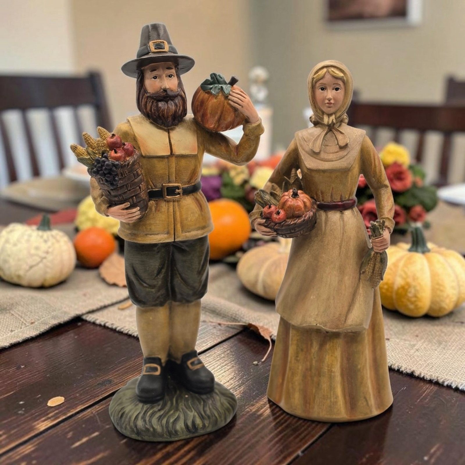Thanksgiving Pilgrim Couple Figurines Harvest Details Autumn Decor