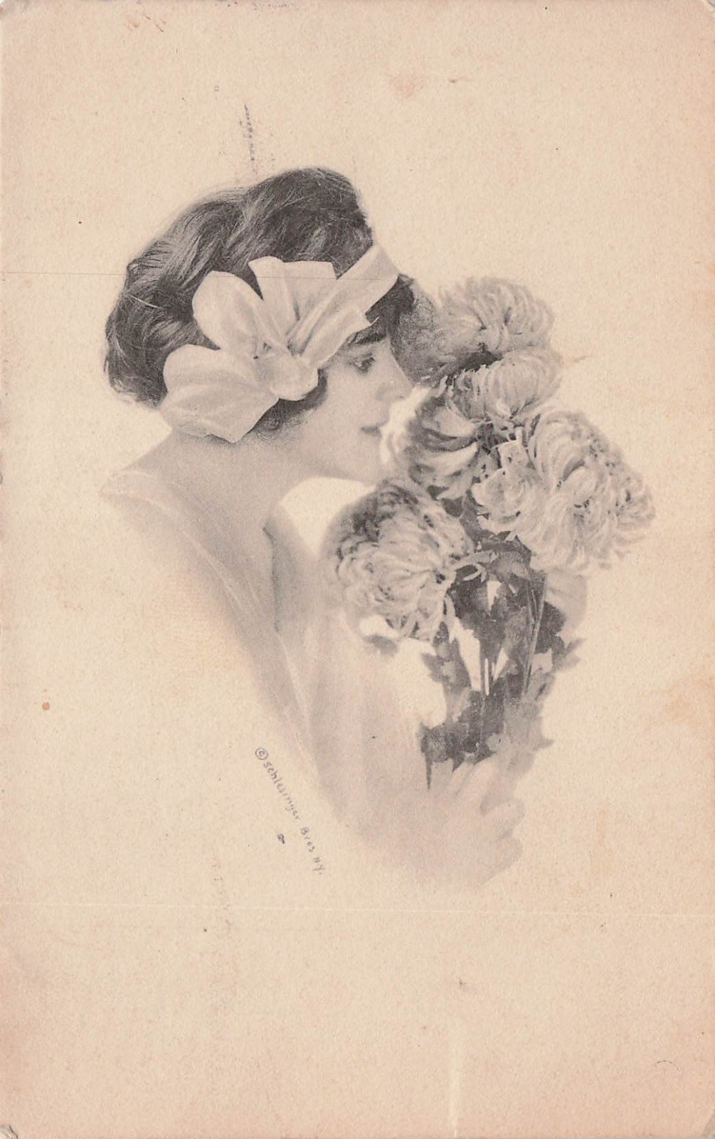 Schlesinger Bros Glamour Woman Portrait Gibson Girl Flowers Vtg Postcard 27A
