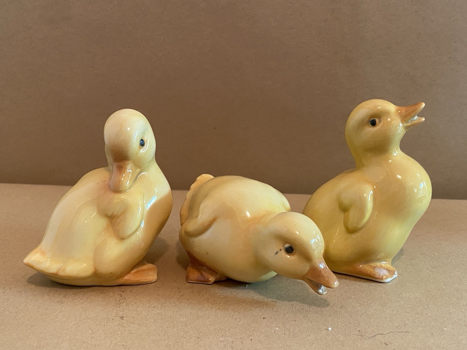 Vintage OTAGIRI Japan Yellow Ceramic Duck Figurines Set of 3 Ducklings MCM