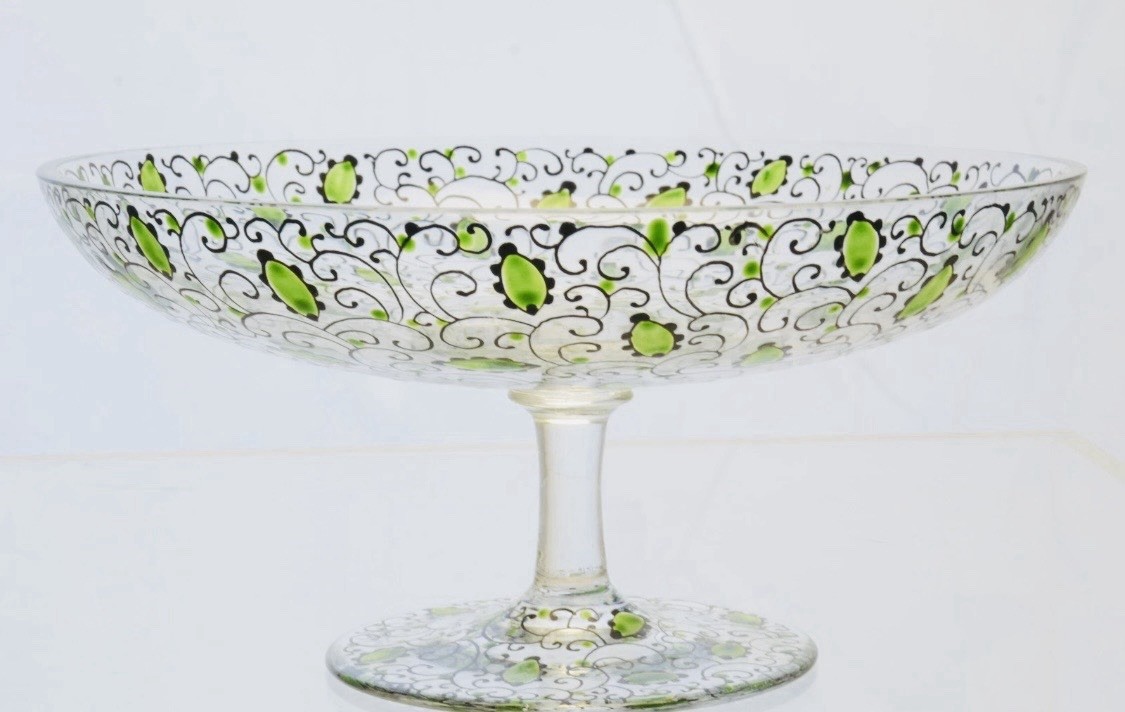 Fine Bohemian HAIDA Crystal Glass Small Compote Vase With Green Floral Enamel
