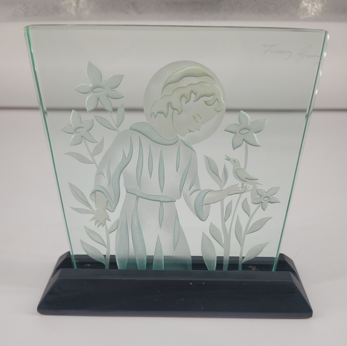 Signed Franz Grosz etched glass on stand St Francis of Assisi