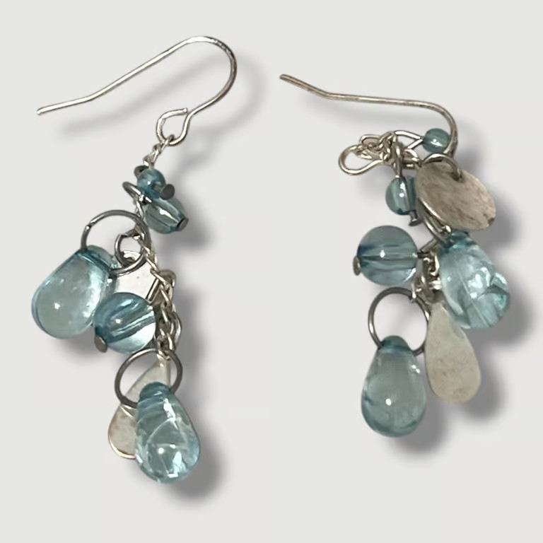 Boho Blue Beaded Dangle Fishhook Earrings Silver Tone Drop Cluster Chandelier