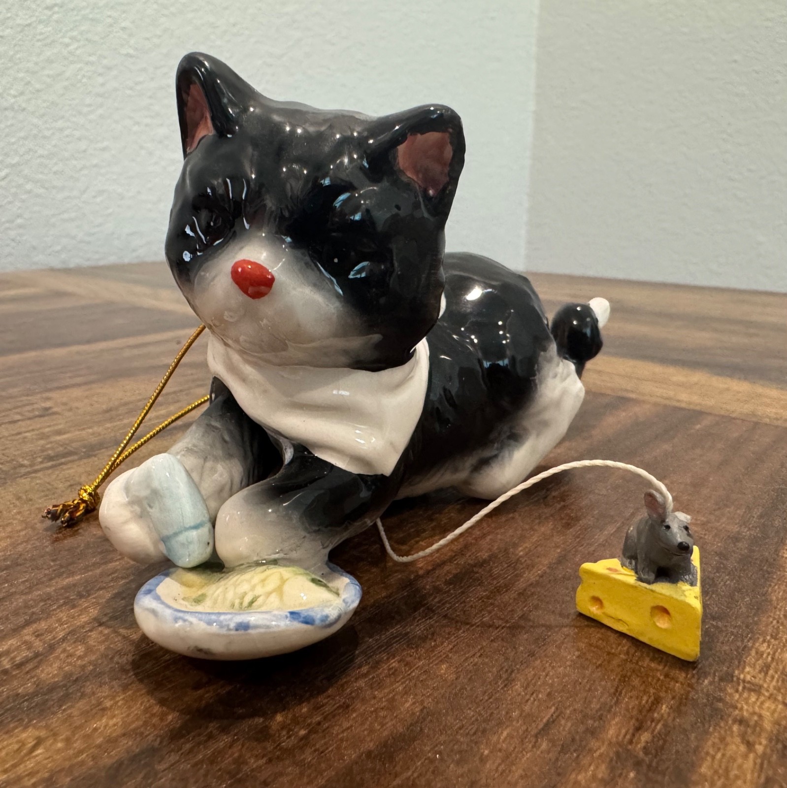 Vintage 1980s Ceramic Tuxedo Cat Figurine Pull String Moving Mouse Cheese Charm