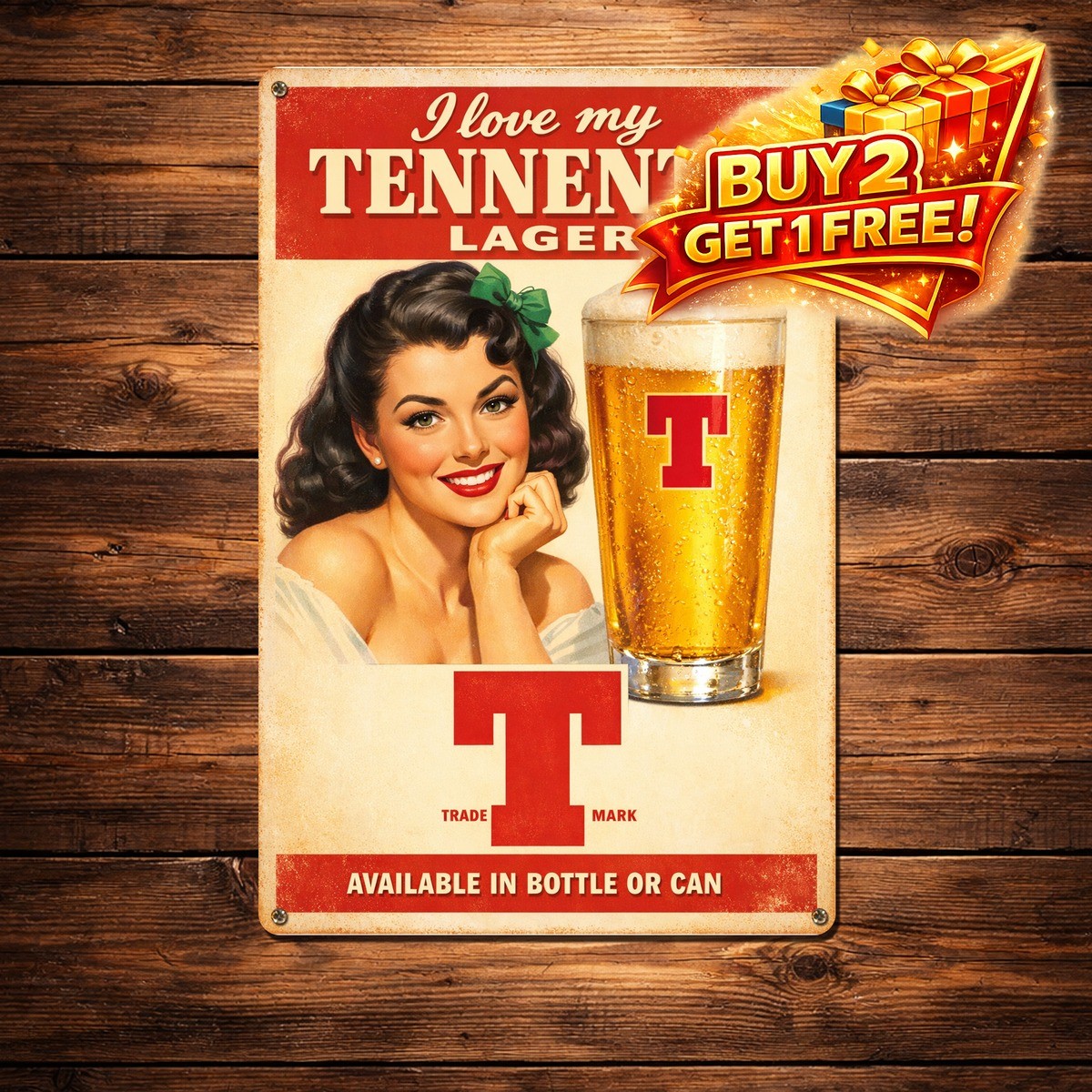 Tennent\'s Lager Vintage Tin Sign 8x12 Retro Beer Advertising Decor