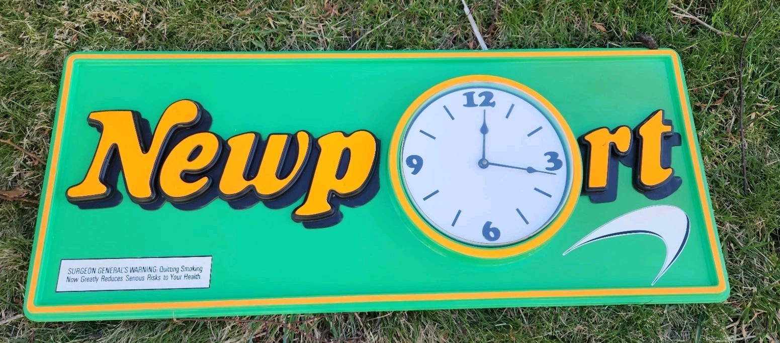 Rare Vintage Newport Double Sided Wall Hanging Cigarette Clock Sign Works