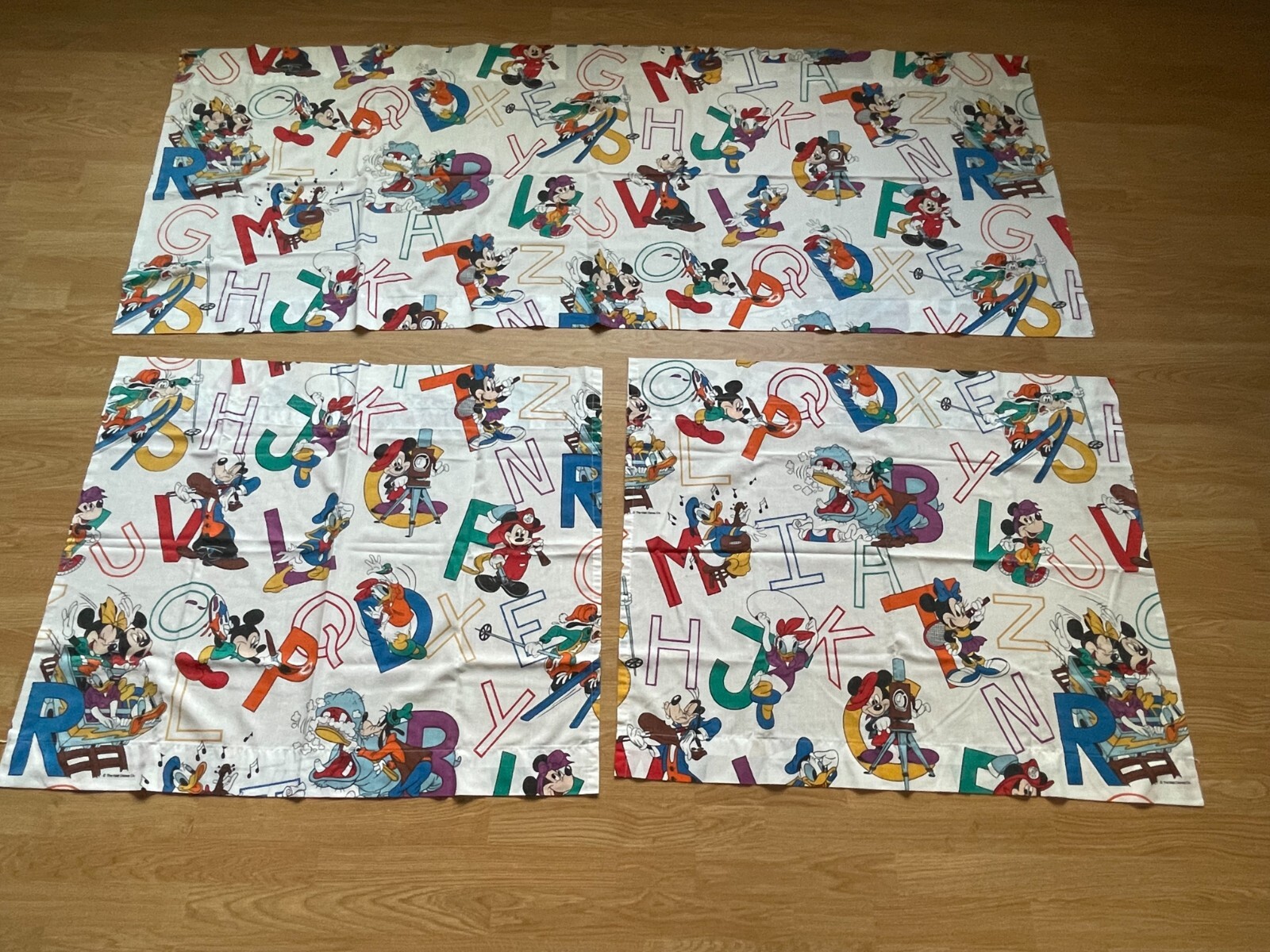 VTG WALT DISNEY MICKEY & MINNIE MOUSE & FRIENDS ALPHABET CURTANS PANES SET OF 3