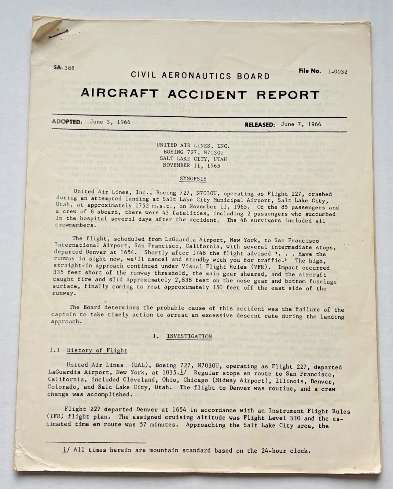 Vintage 1966 United Air Lines Flight 227 Boeing 727 Crash Report CAB FAA Letters