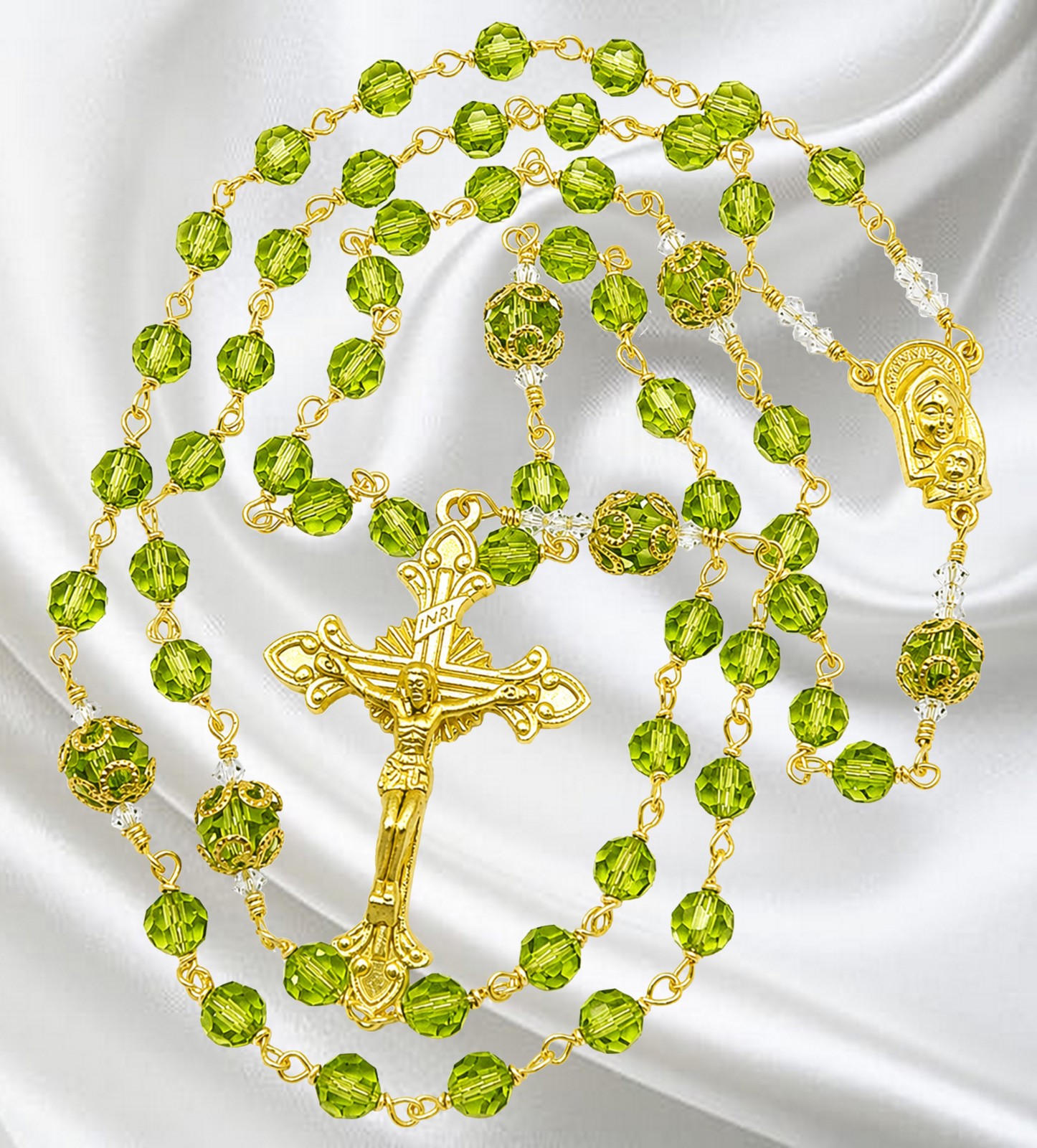 Handmade Unbreakable Catholic Rosary, Peridot Czech Crystals, Sunburst Crucifix