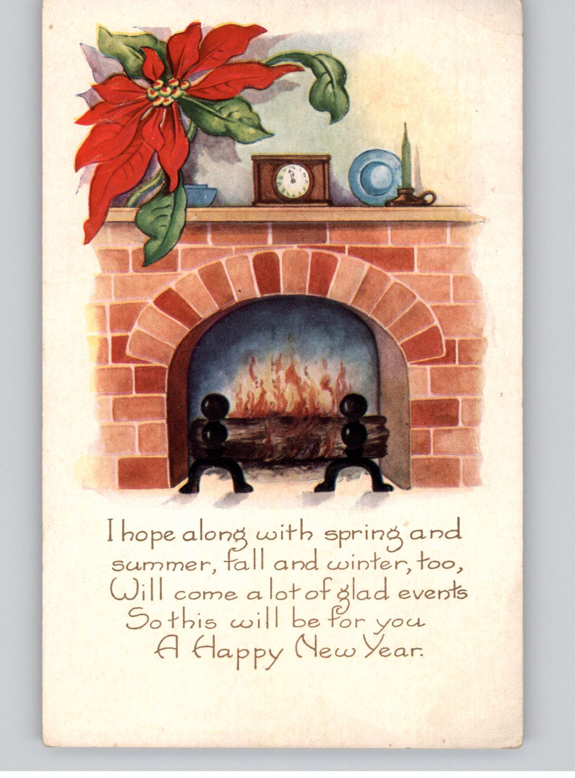 Vintage Happy New Year Fireplace Postcard 1917