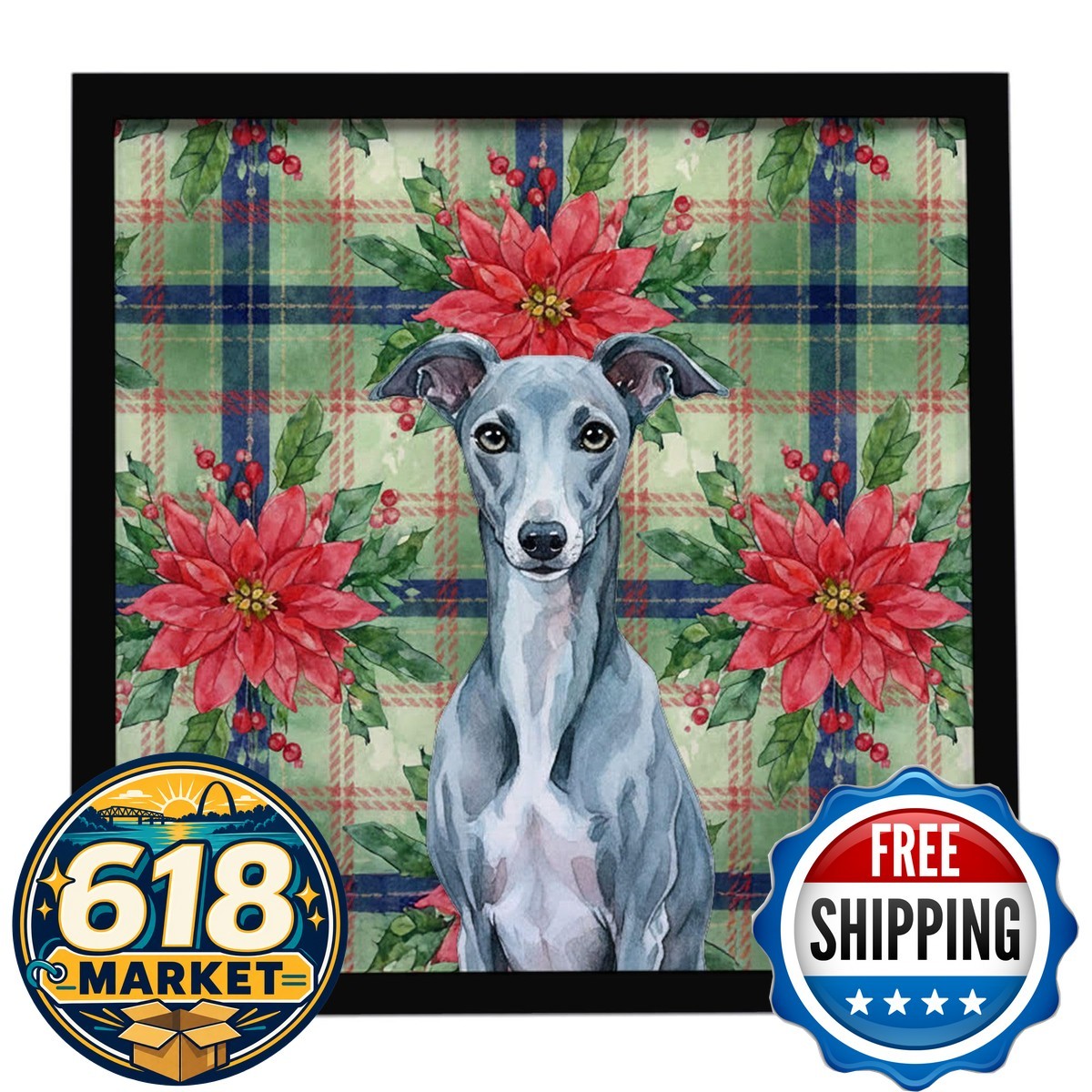 Caroline\'s Treasures Blue Whippet Christmas Poinsettias Framed Metal Print 8X8