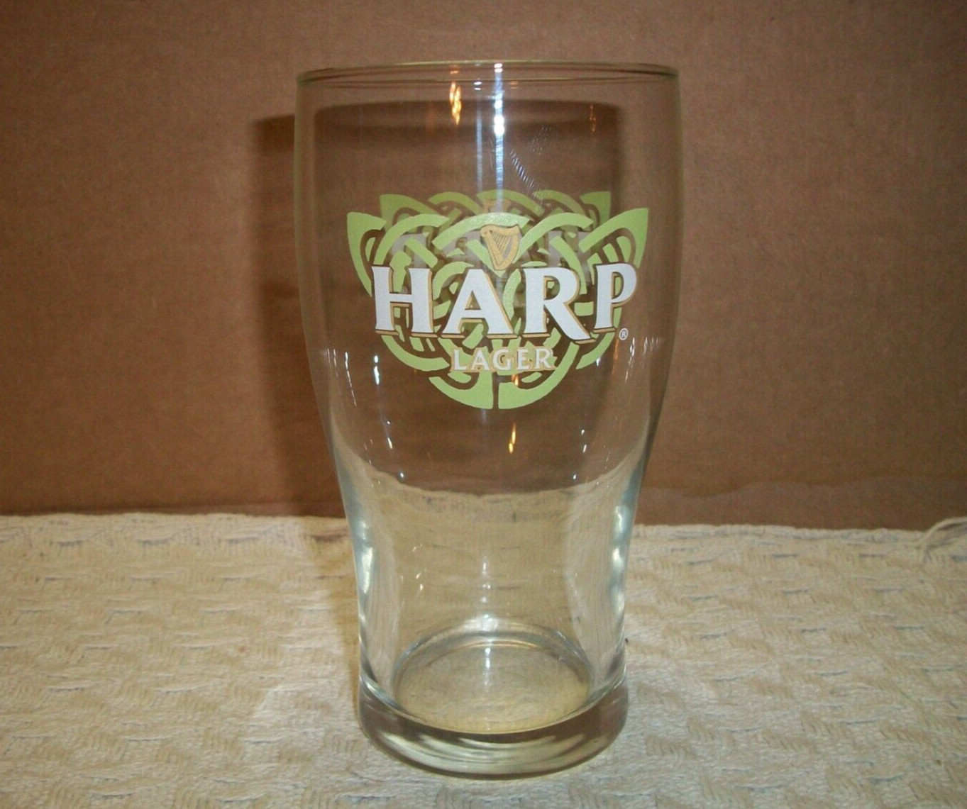 Harp Lager ~ Celtic Green Logo ~ Pint Glass ~ Etched Bottom ~ 5 3/4 in. Tall