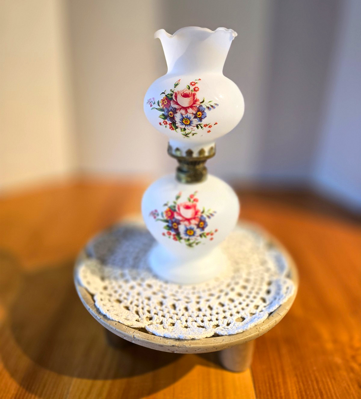 Vintage Milk Glass Hurricane Parlor Lamp (UV Reactive)