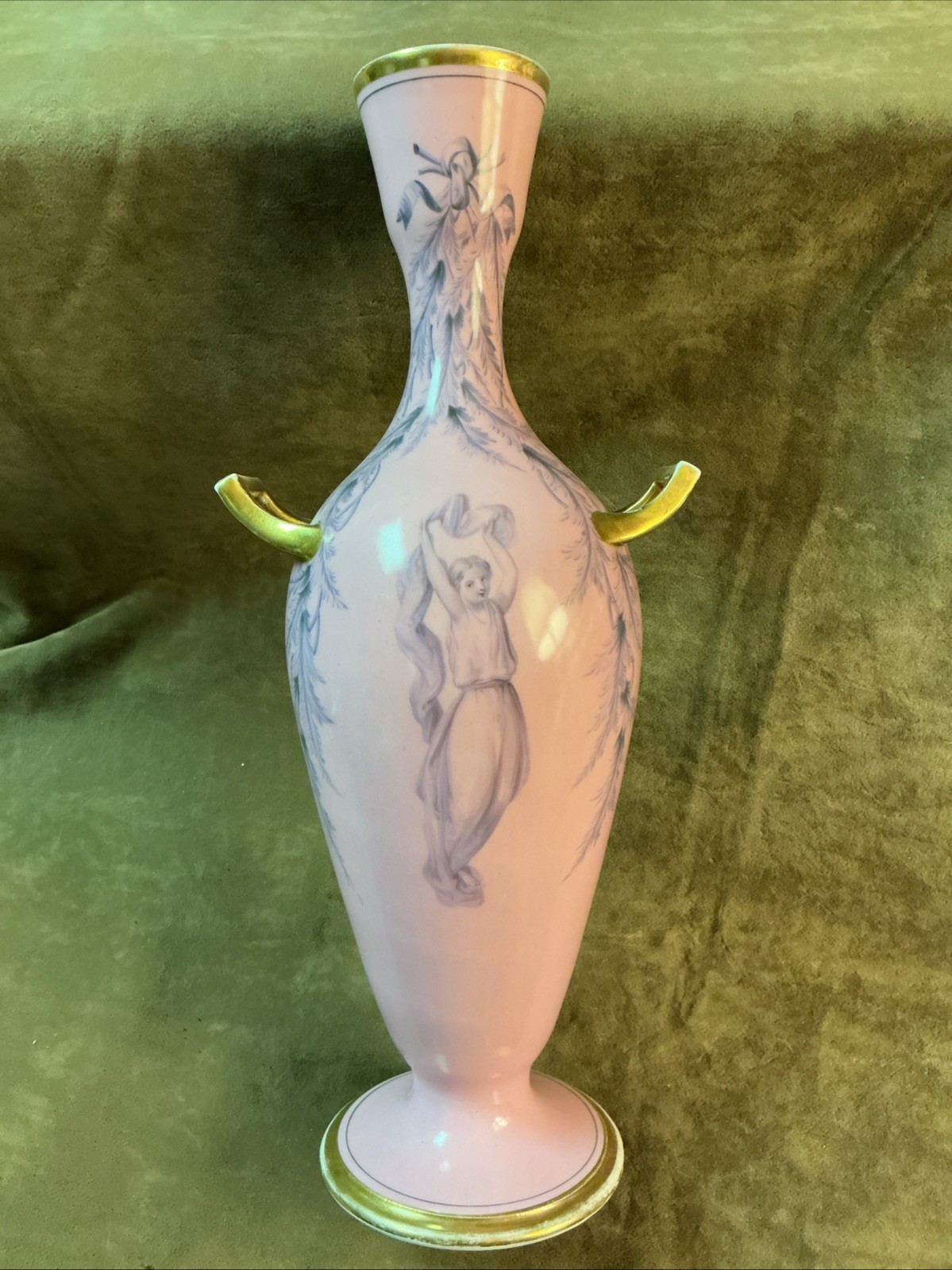 Victorian hand decorated Porcelain pink Tall Vase w/ image and leaves Gold Trim