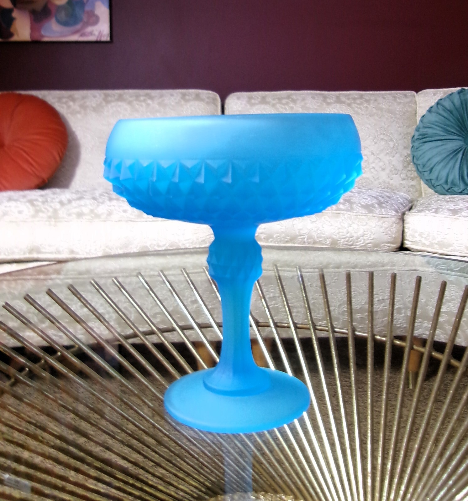 Large 7” Stunning MCM Vintage Blue Satin Glass Compote Pedestal Candy Nut Dish