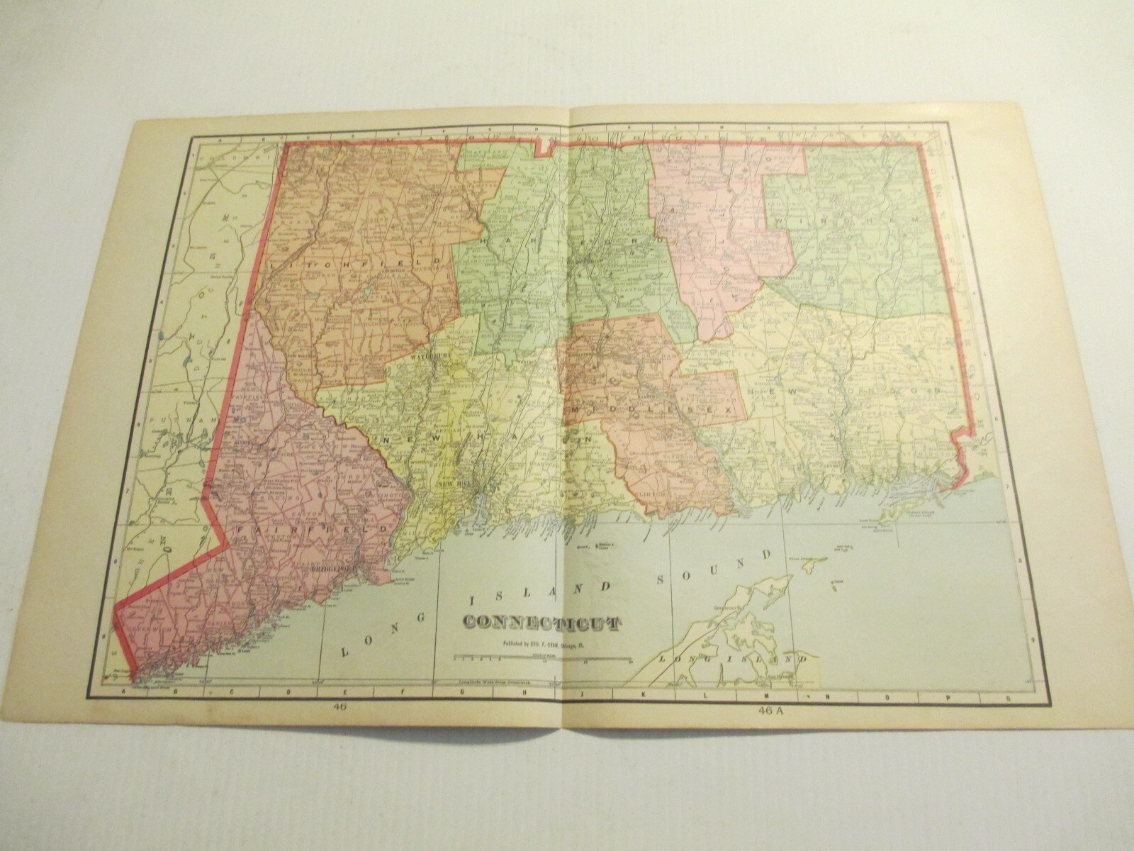 ANTIQUE MAP  OF CONNECTICUT  CRAM\'S  ATLAS 1905  23 X 14.5