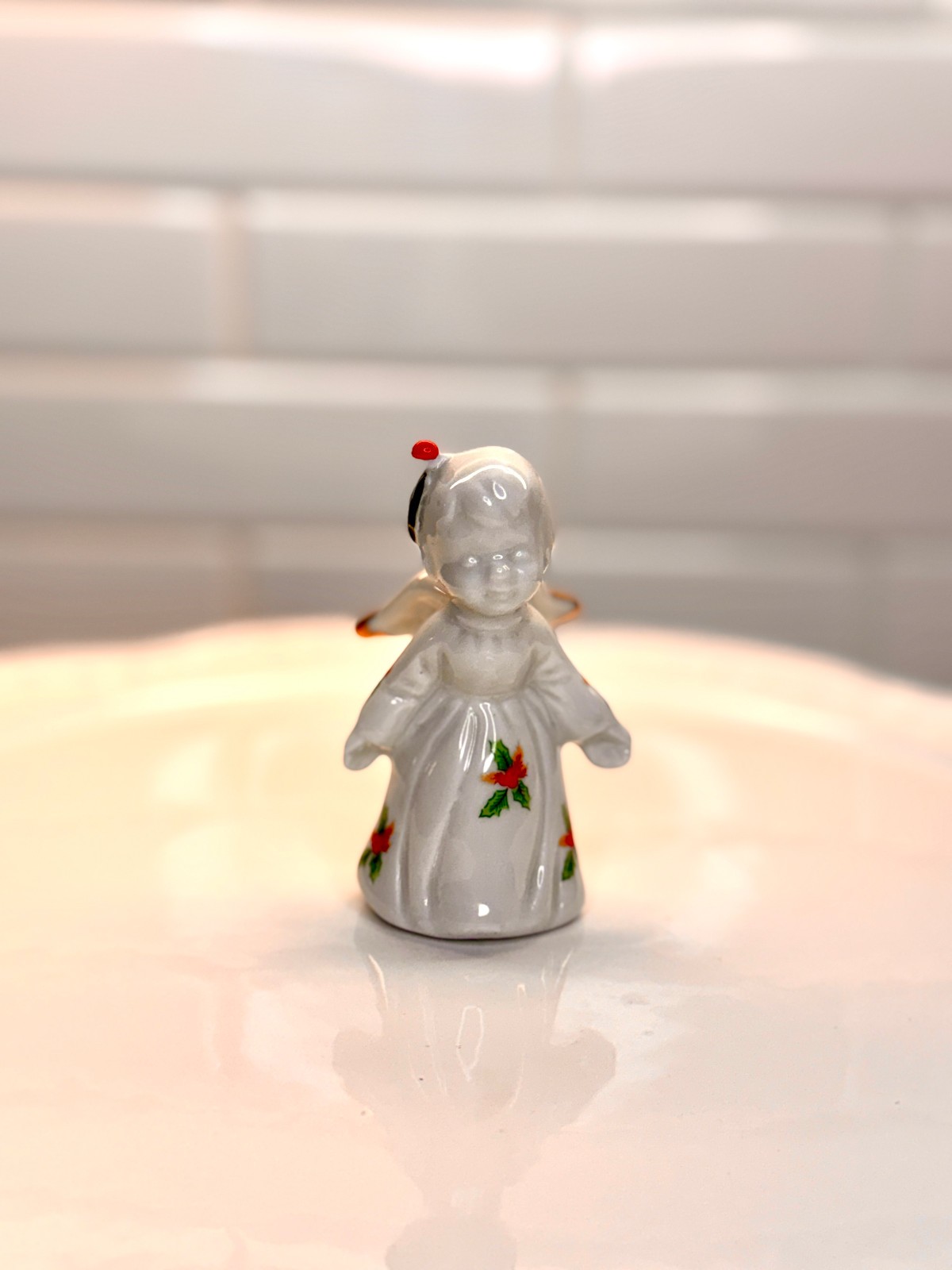 Vintage Enesco Porcelain Christmas Angel Bell Ornament Holly Decoration Japan