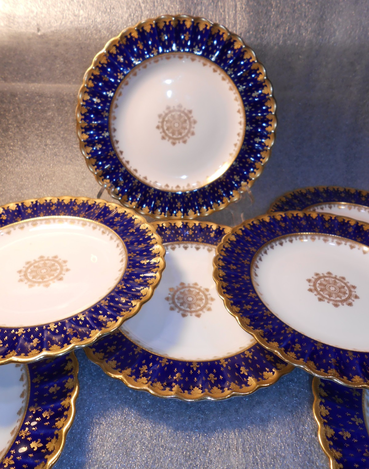7 X W.T. Copeland ENGLAND gilded cobalt blue PLATES FOR GILMAN COLLAMORE  8 3/8