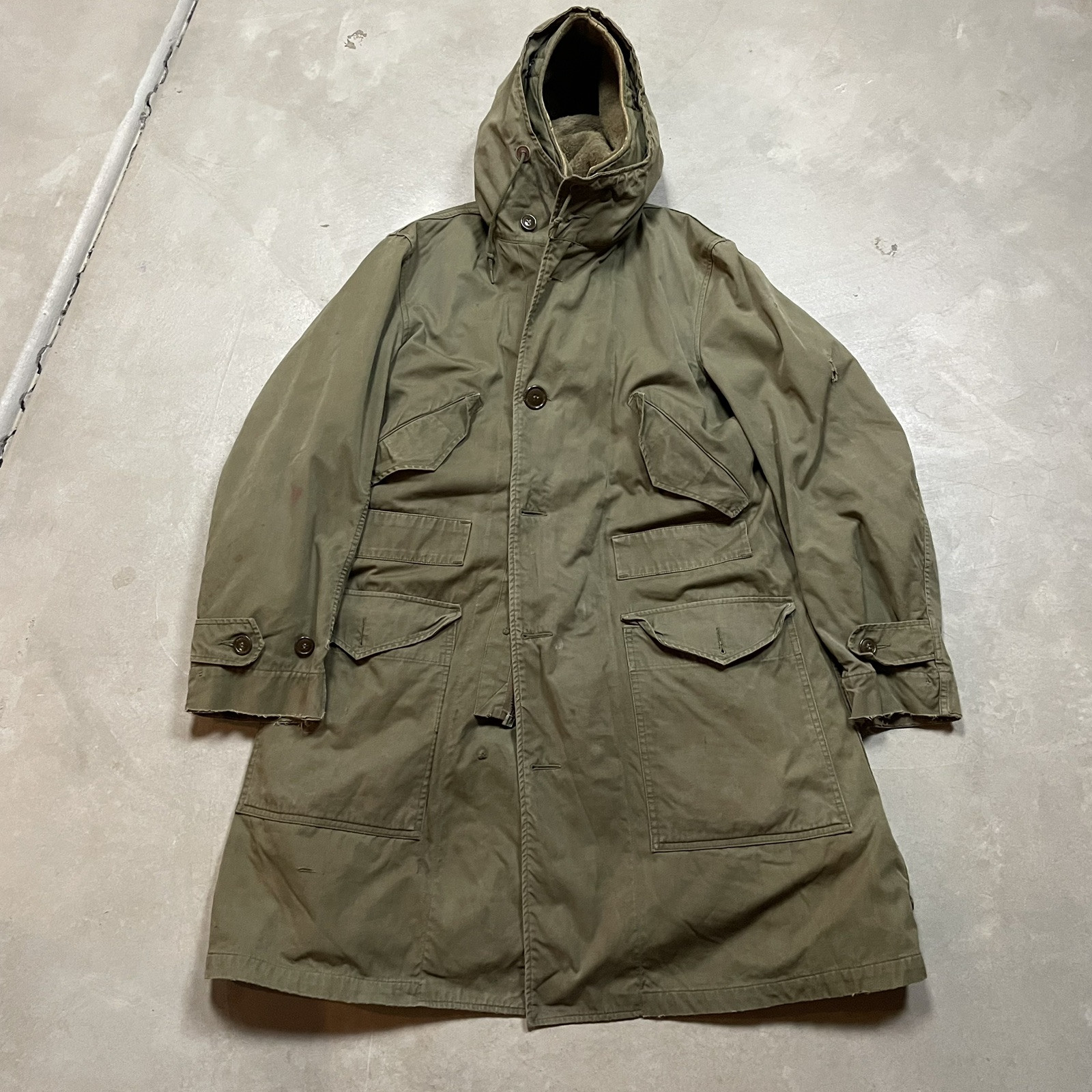 Vintage M47 40s Military WW2 Army Fleece Pile Parka Overcoat Hooded Jacket S