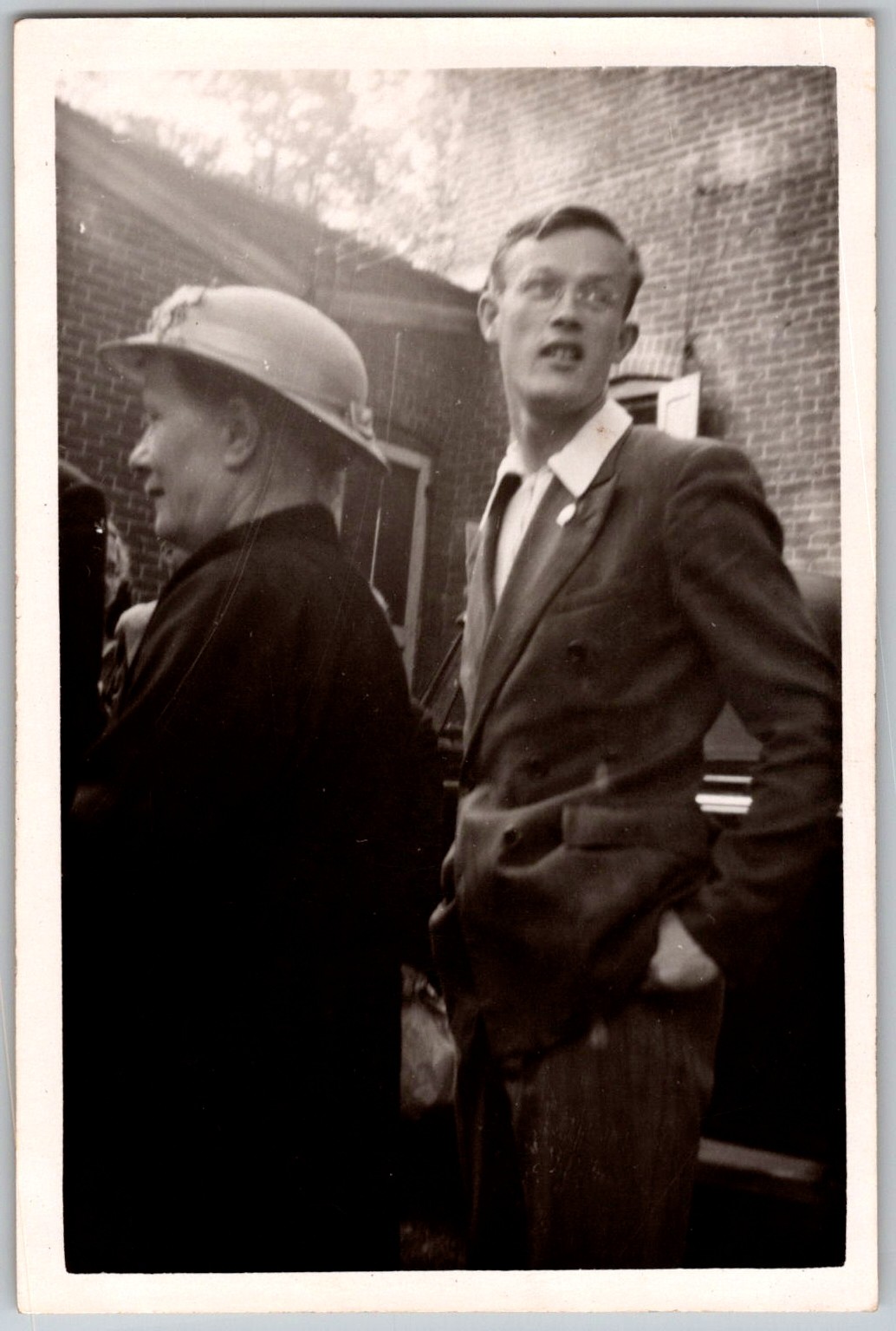 Vtg B&W Snapshot Young Man Double Breasted Suit Woman Hat Brick Wall 1940 Vtg B&W Snapshot Young Man Double Breasted Suit Woman Hat Brick Wall 1940