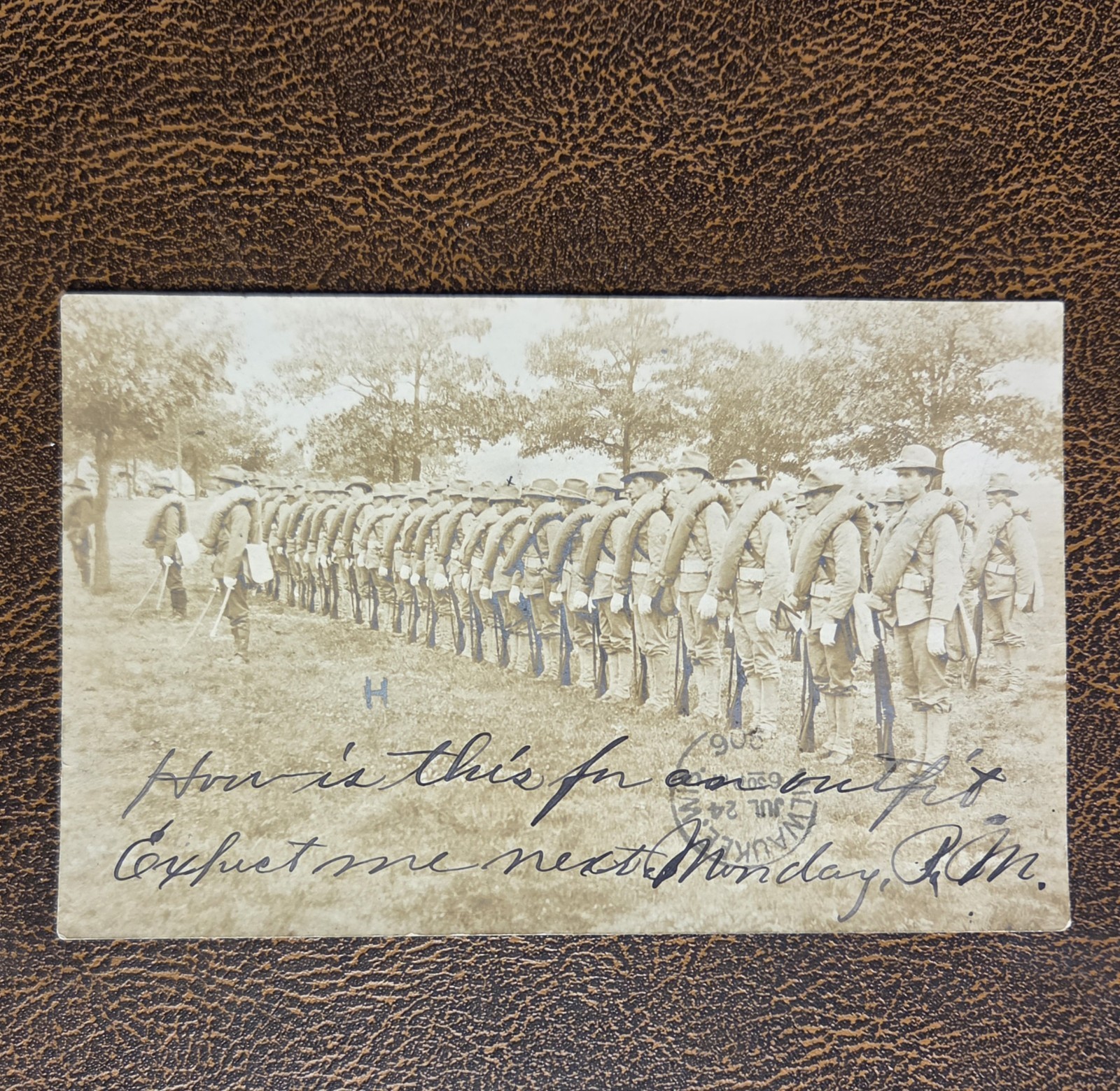 Antique 1906 WWI UNIFORMED SOLDIERS IN FORMATION Milwaukee Real Photo Postcard 