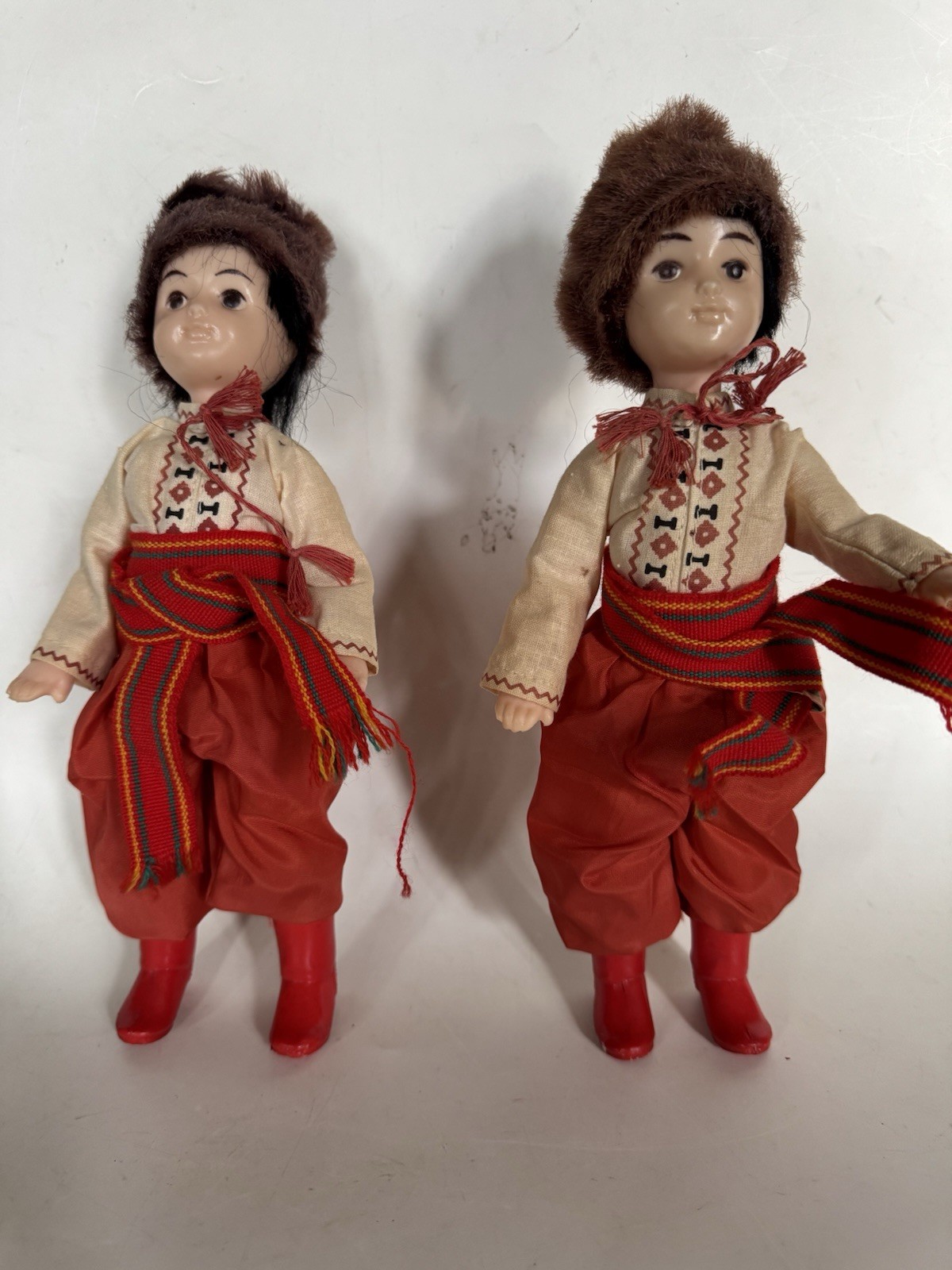 Set of 2 VTG Ukranian USSR Soviet Boy Dolls 9” Original Folk Costumes & Fur Hats