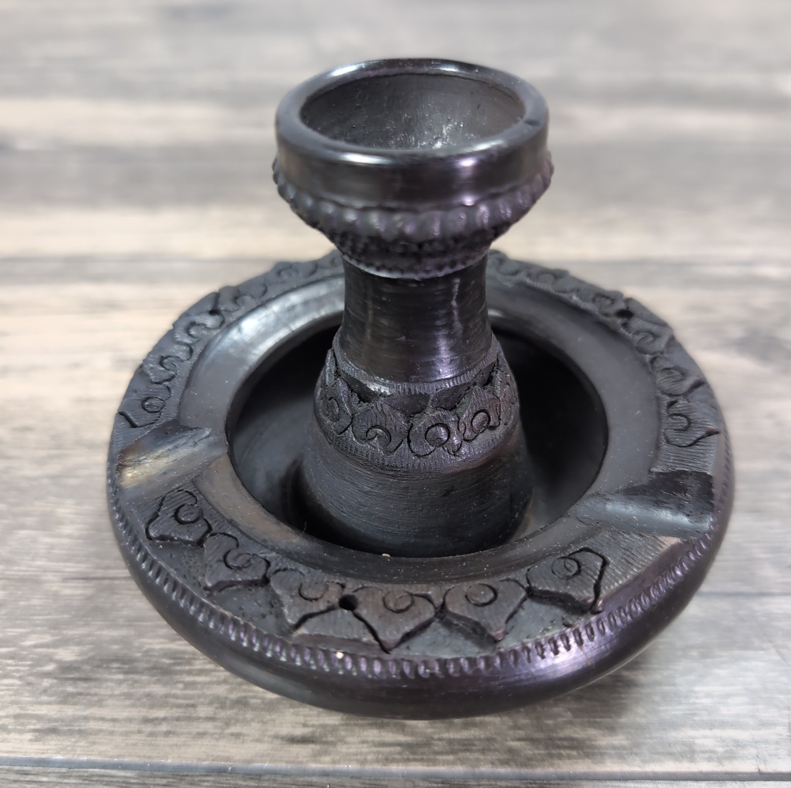 Ayutthaya Thai Handmade Carved Dark Glazed Pottery Earthenware Candle Holder