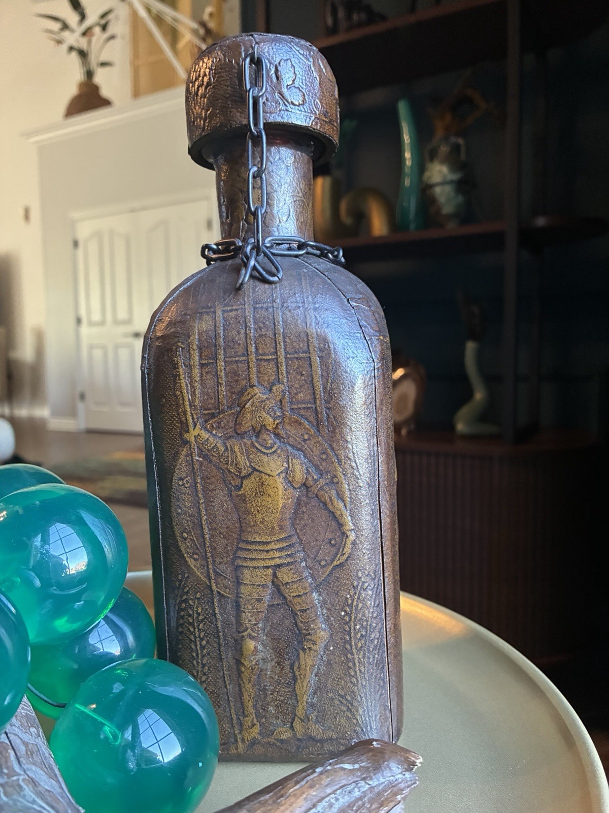 Vintage Spanish Leather Wrapped Decanter Liquor Bottle Hand Tooled Design