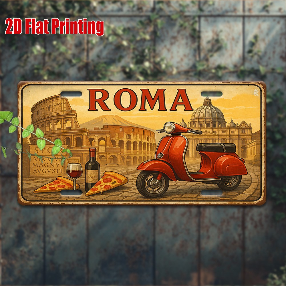 Vintage Metal Sign Aluminum License Plate Number Roma Wine Theme Decor