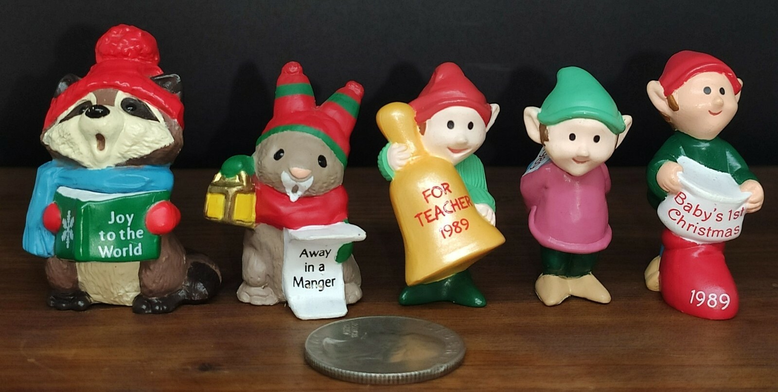 Hallmark Merry Miniatures Christmas 1989- Raccoon, Bunny And Elves B3