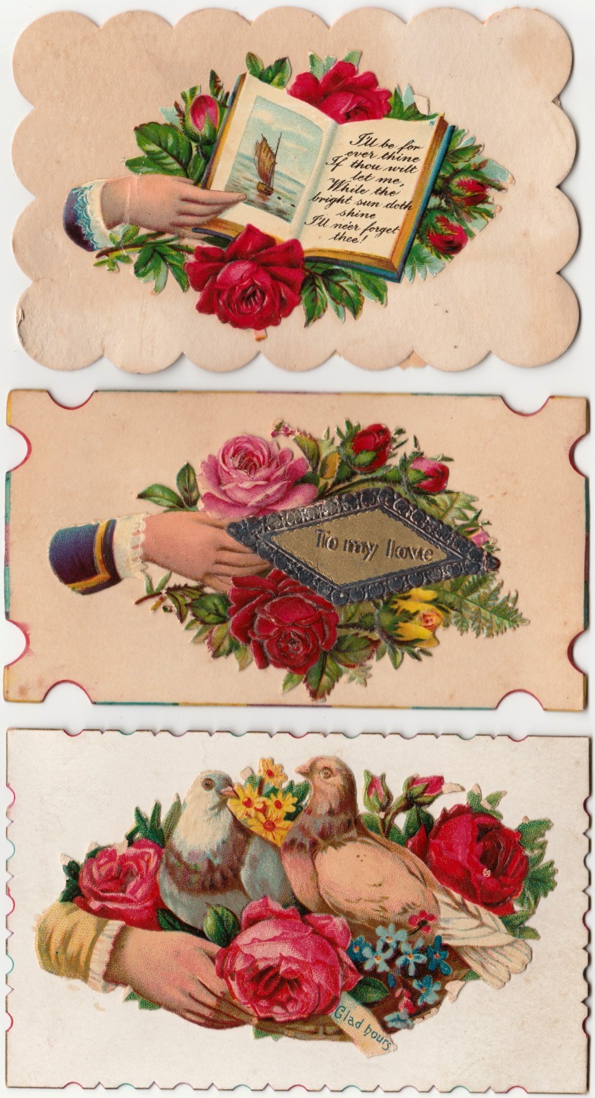 Antique Victorian Valentine Cards Lot 3 Die Cut Floral Doves Mechanical c1900