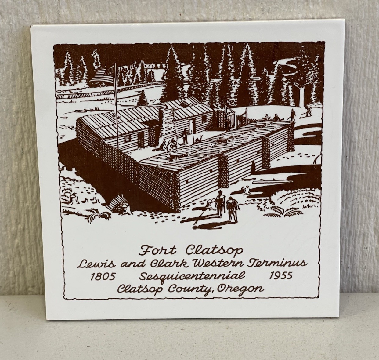 1955 Fort Clatsop County Tile Trivet Lewis & Clark Oregon Sesquicentennial 1805