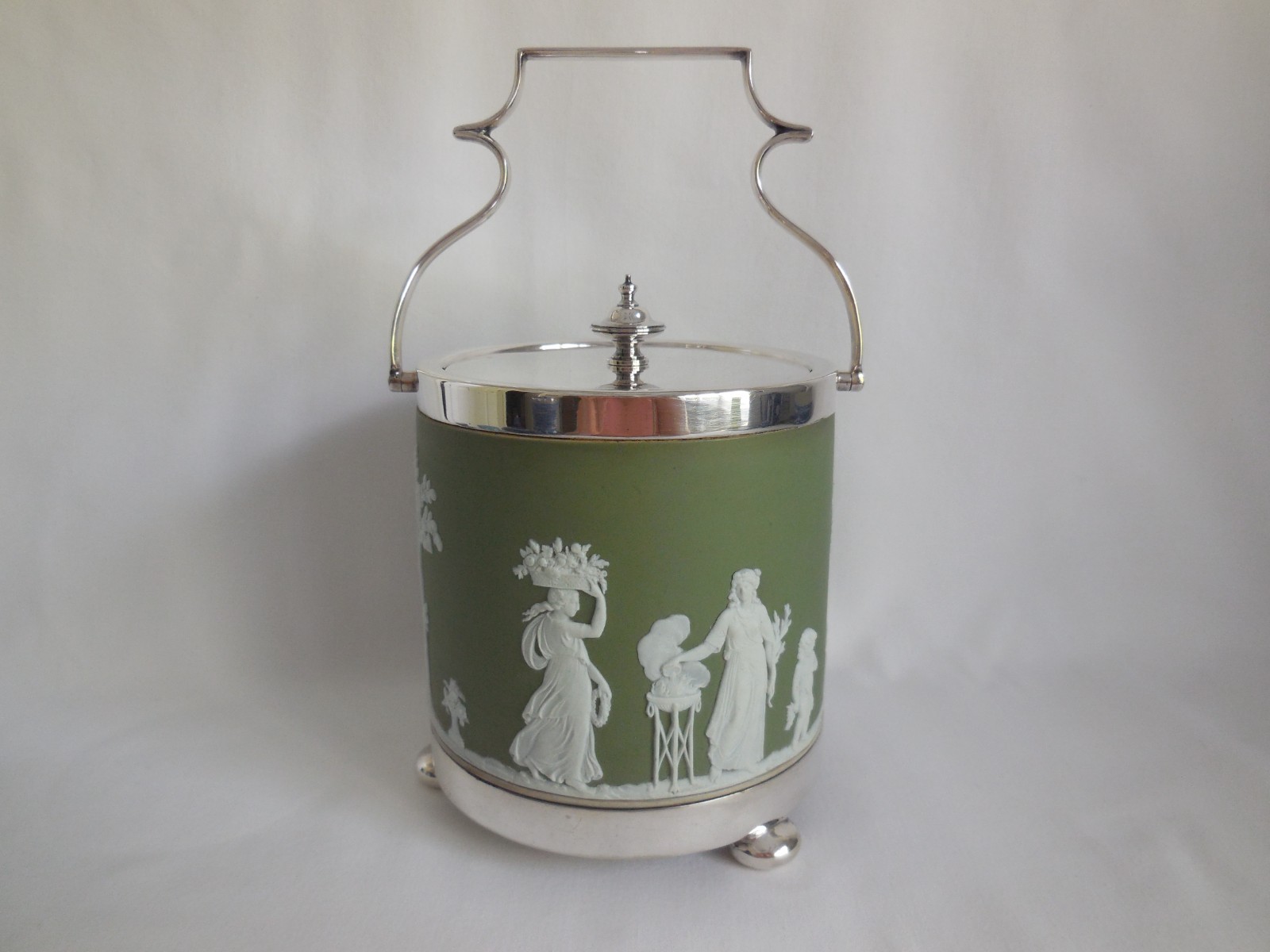 Antique Wedgwood c1891 Green Dip Jasperware & Silver Plate Biscuit Barrel