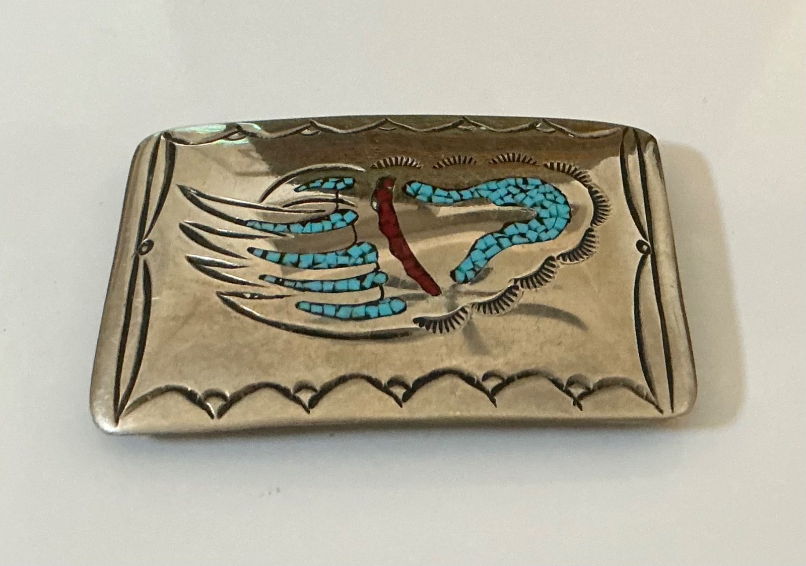 VTG Native American Signed WN Sterling Silver Chip Turquoise & Coral Belt Buckle