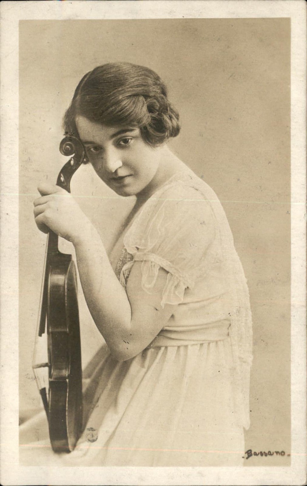 Young Woman Leans Head on Her Violin Pensive c1910 Real Photo Vintage Postcard