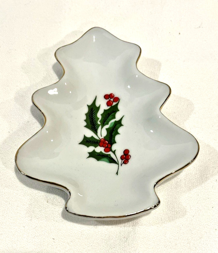Vintage Christmas/PineTree Shaped Dish Holly Berry Accent Gold Trim
