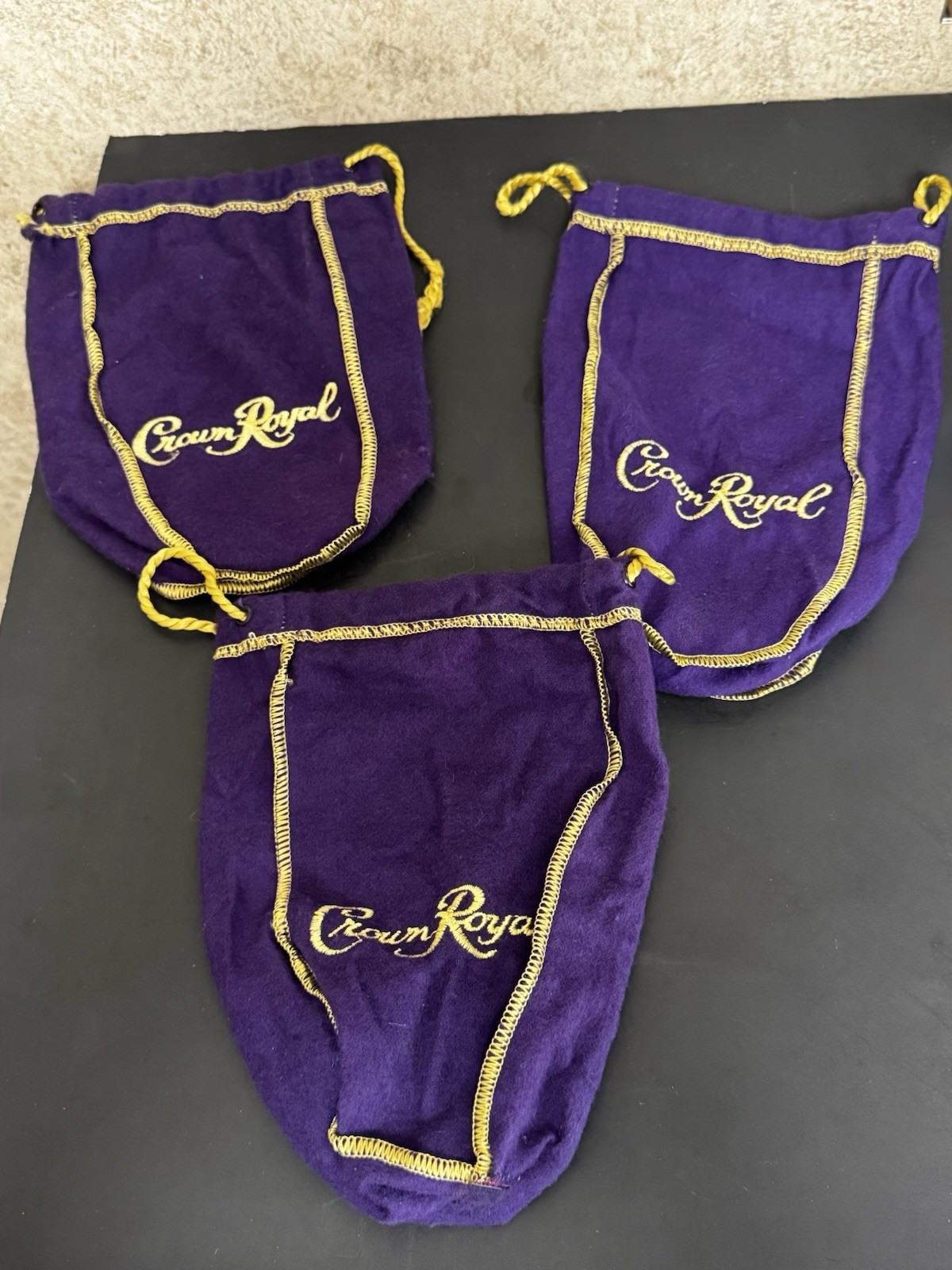 Vintage Crown Royal Purple Drawstring Bags Lot of 3 Gold Embroidered Logo