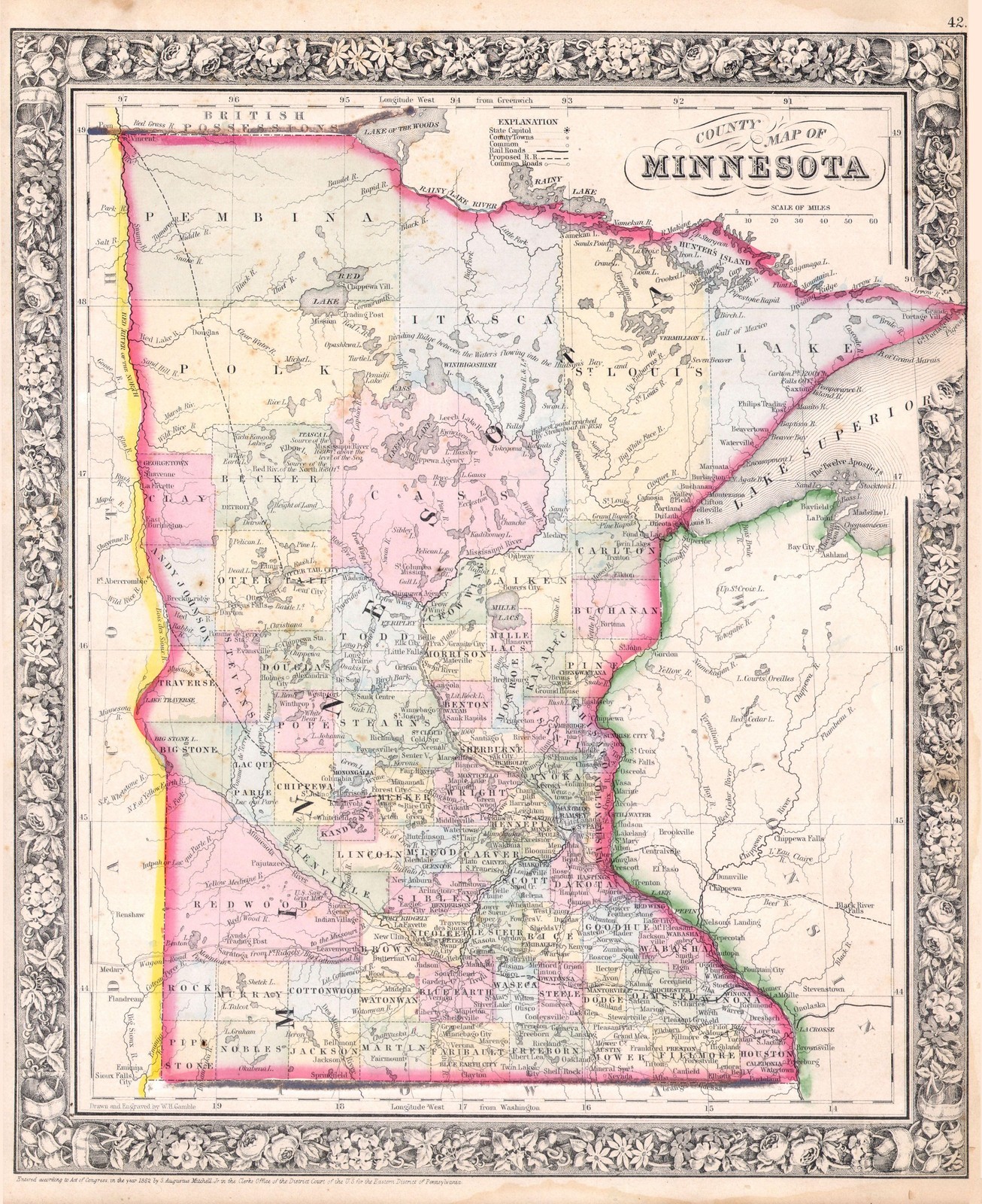 Minnesota County Map 1862 Mitchell\'s Atlas Vintage Historical Reprint Wall Art
