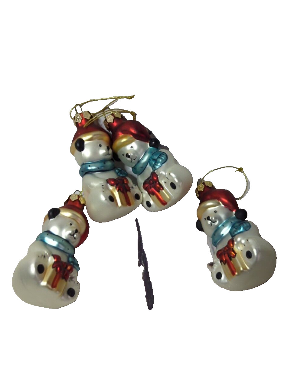 set 4 vtg blown glass bear ornaments with present hats & scarf 