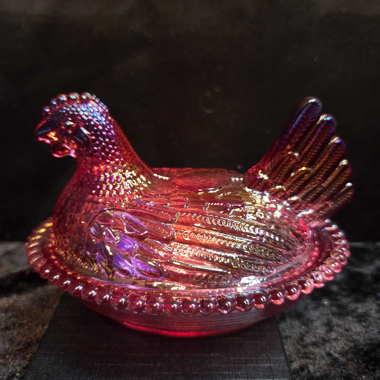 New Pink Iridescent Carnival Glass Hen On Nest Salt Cellar
