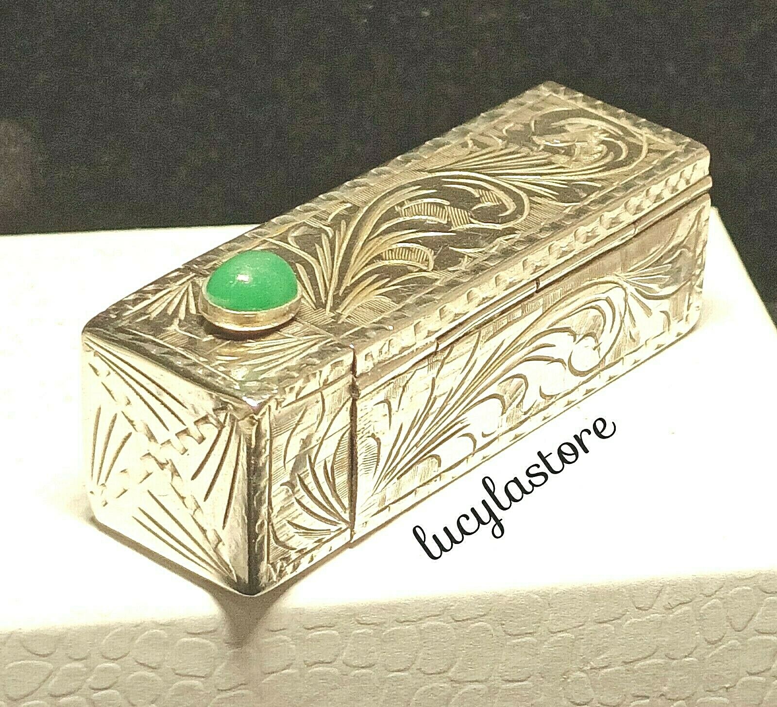 VINTAGE Italy SILVER 800 ETCHED LIPSTICK CASE HOLDER Cabochon Jade w/ Mirror VINTAGE Italy SILVER 800 ETCHED LIPSTICK CASE HOLDER Cabochon Jade w/ Mirror