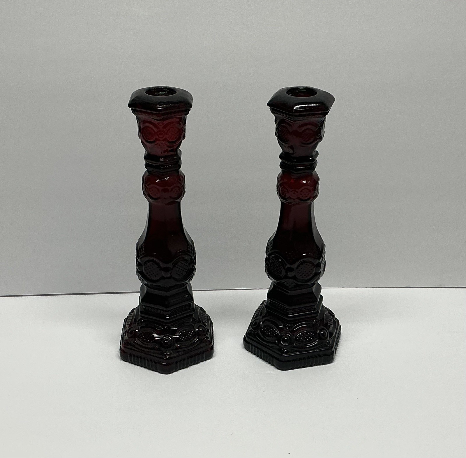 Avon Ruby Red 1876 Cape Cod Taper Candlestick Holders 8 3/4